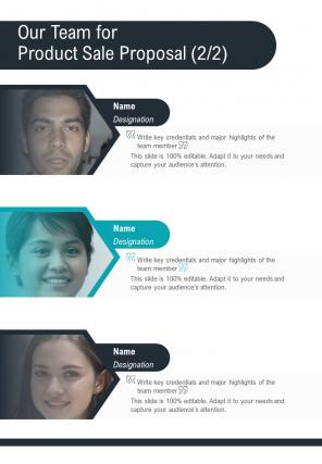 Our Team For Product Sale Proposal One Pager Sample Example Document