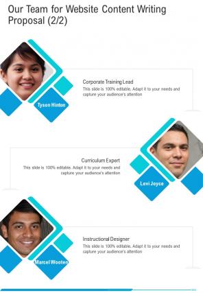 Our Team For Website Content Writing Proposal One Pager Sample Example Document