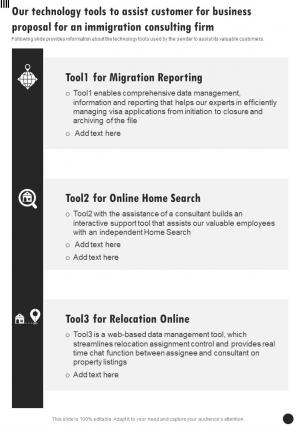 Our Technology Tools To Assist Customer An Immigration Consulting Firm One Pager Sample Example Document