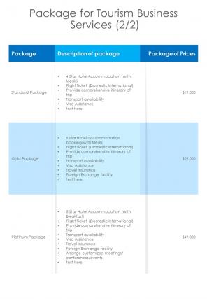 Package For Tourism Business Services One Pager Sample Example Document