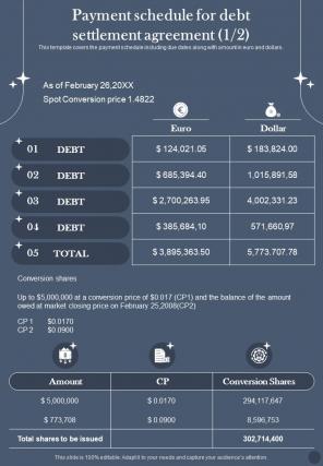 Payment Schedule For Debt Settlement Agreement One Pager Sample Example Document
