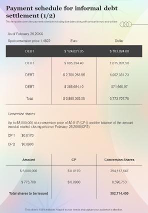 Payment Schedule For Informal Debt Settlement One Pager Sample Example Document