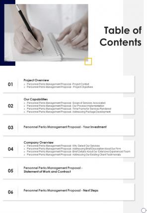 Personnel Perks Management Proposal Table Of Contents One Pager Sample Example Document