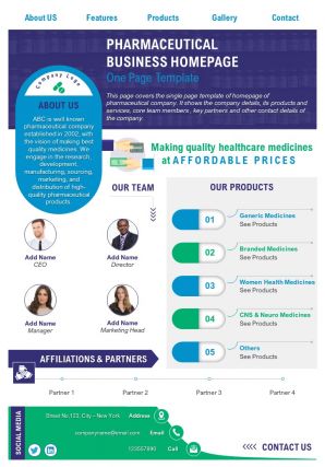 Pharmaceutical business homepage one page template presentation report infographic ppt pdf document