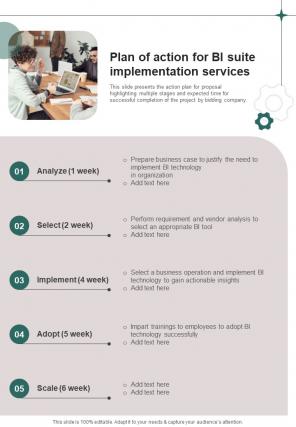 Plan Of Action For BI Suite Implementation One Pager Sample Example Document