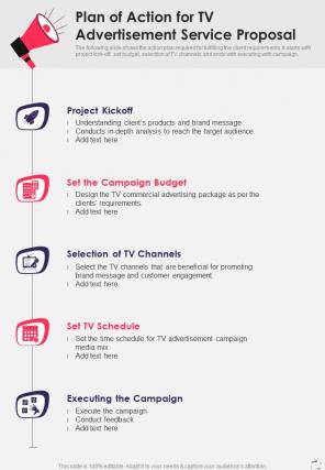 Plan Of Action For Tv Advertisement Service Proposal One Pager Sample Example Document