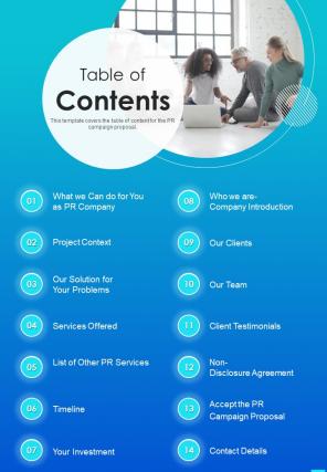 PR Campaign Proposal Table Of Contents One Pager Sample Example Document