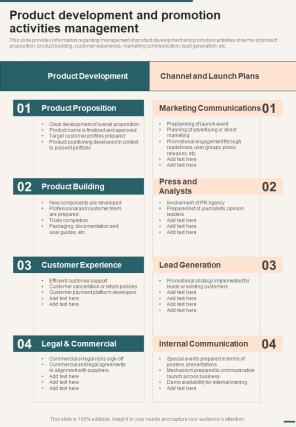 Product Development And Promotion Activities Management One Pager Sample Example Document