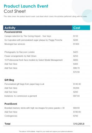 Product Launch Event Cost Sheet One Pager Sample Example Document