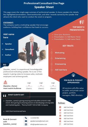 Professional consultant one page speaker sheet presentation report infographic ppt pdf document