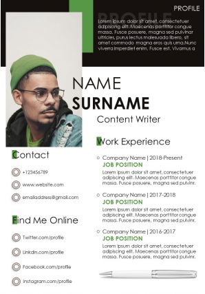 Professional content writer resume powerpoint template