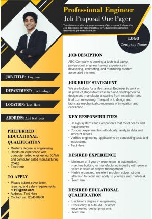 Professional engineer job proposal one pager presentation report infographic ppt pdf document