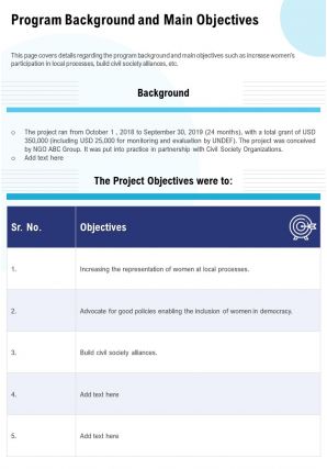 Program background and main objectives presentation report infographic ppt pdf document