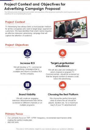 Project Context And Objectives For Advertising Campaign One Pager Sample Example Document