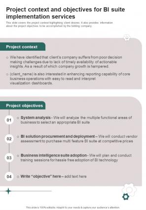 Project Context And Objectives For BI Suite Implementation One Pager Sample Example Document