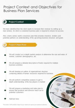 Project Context And Objectives For Business Plan Services One Pager Sample Example Document