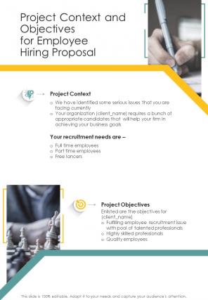 Project Context And Objectives For Employee Hiring Proposal One Pager Sample Example Document