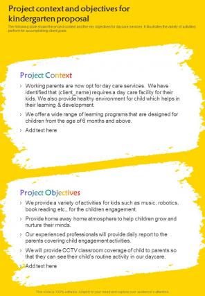 Project Context And Objectives For Kindergarten One Pager Sample Example Document