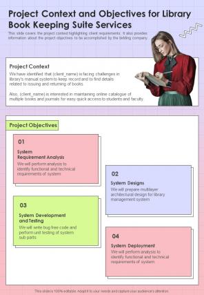 Project Context And Objectives For Library Book Keeping Suite One Pager Sample Example Document