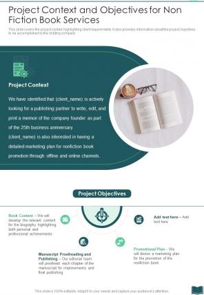 Project Context And Objectives For Non Fiction Book Services One Pager Sample Example Document
