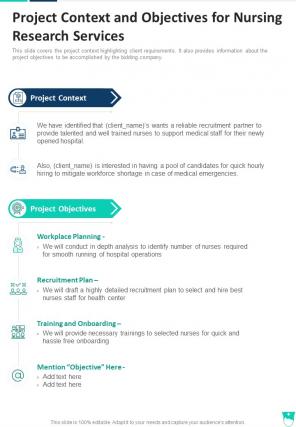 Project Context And Objectives For Nursing Research Services One Pager Sample Example Document