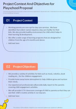 Project Context And Objectives For Playschool Proposal One Pager Sample Example Document