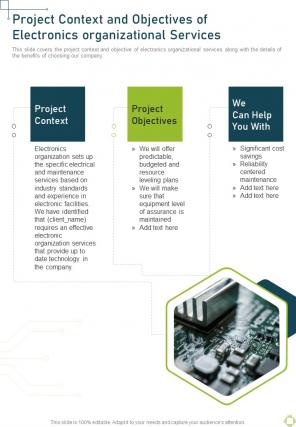 Project Context And Objectives Of Electronics Organizational Services One Pager Sample Example Document