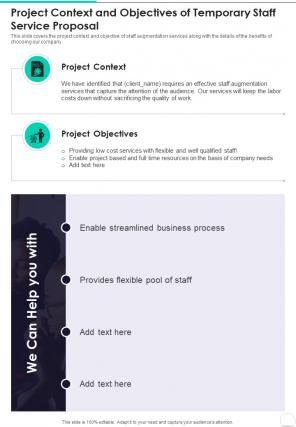 Project Context And Objectives Of Temporary Staff Service Proposal One Pager Sample Example Document