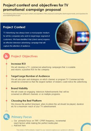 Project Context And Objectives TV Promotional Campaign One Pager Sample Example Document