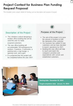 Project Context For Business Plan Funding Request Proposal One Pager Sample Example Document