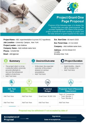 Project grant one page proposal presentation report infographic ppt pdf document
