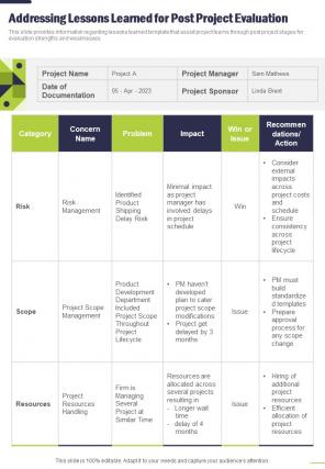 Project Management Playbook Addressing Lessons Learned One Pager Sample Example Document