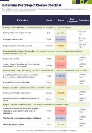 Project Management Playbook Determine Post Project Closure One Pager Sample Example Document