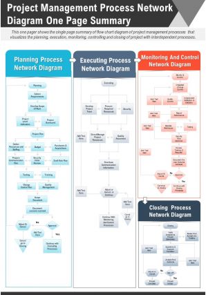 Project management process network diagram one page summary report ppt pdf document