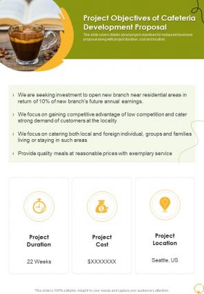 Project Objectives Of Cafeteria Development Proposal One Pager Sample Example Document