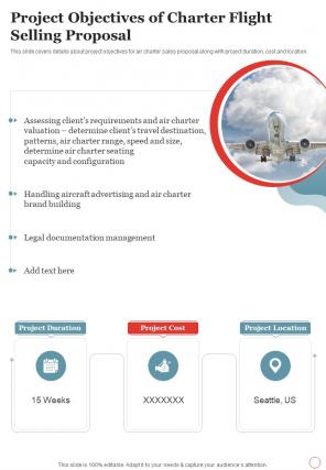 Project Objectives Of Charter Flight Selling Proposal One Pager Sample Example Document