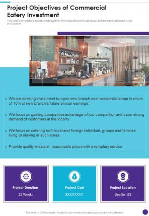 Project Objectives Of Commercial Eatery Investment One Pager Sample Example Document