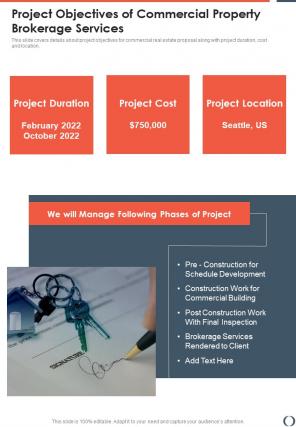 Project Objectives Of Commercial Property Brokerage Services One Pager Sample Example Document