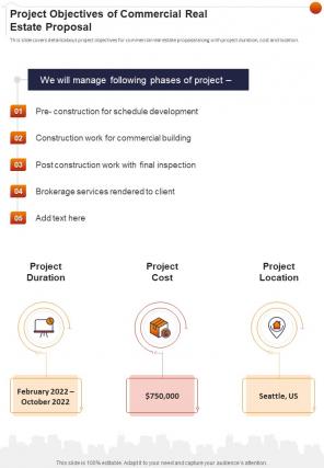 Project Objectives Of Commercial Real Estate Proposal One Pager Sample Example Document