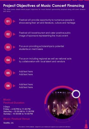 Project Objectives Of Music Concert Financing One Pager Sample Example Document
