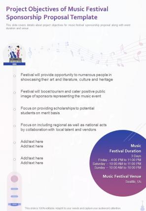 Project Objectives Of Music Festival Sponsorship Proposal Template One Pager Sample Example Document
