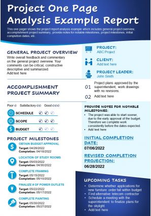 Project one page analysis example report presentation report infographic ppt pdf document