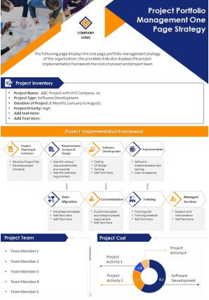 Project portfolio management one page strategy presentation report infographic ppt pdf document