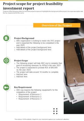 Project Scope For Project Feasibility Investment Report One Pager Sample Example Document