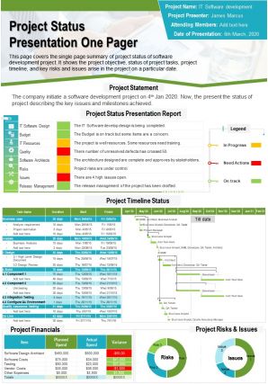 Project status presentation one pager presentation report infographic ppt pdf document