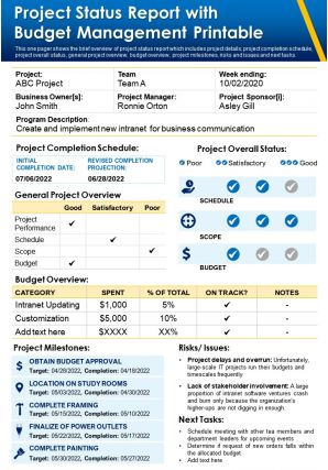 Project status report with budget management printable presentation report infographic ppt pdf document