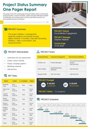 Project status summary one pager report presentation report infographic ppt pdf document