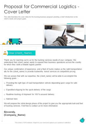 Proposal For Commercial Logistics Cover Letter One Pager Sample Example Document