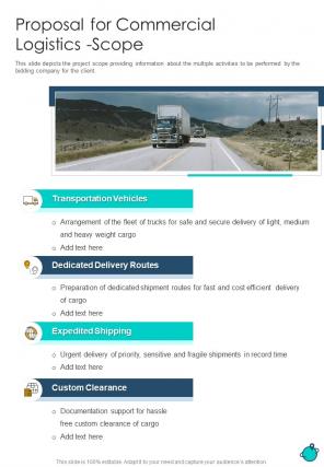Proposal For Commercial Logistics Scope One Pager Sample Example Document