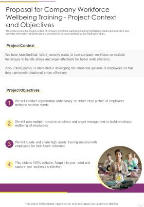 Proposal For Company Workforce Wellbeing Training One Pager Sample Example Document